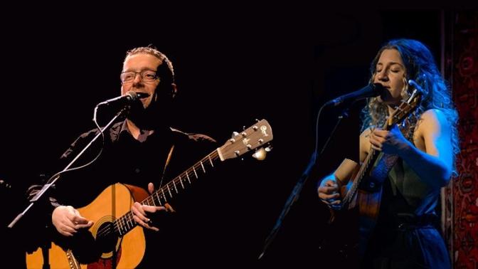 Collage of Ryan Donn and Kailee Duggan signing into a microphone while playing guitar under stage lights