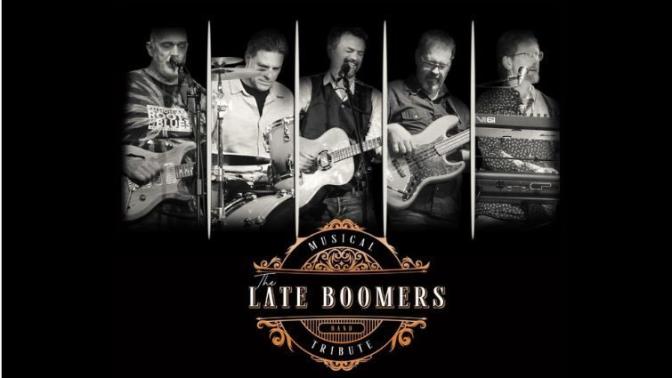 grayscale portraits of individual musician members of the group names late boomers performing with their instruments