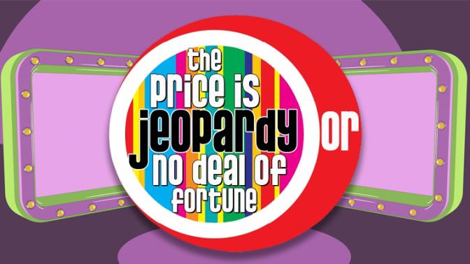 Game show stage with show title in retro game show font