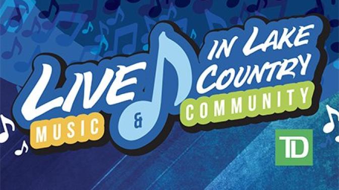 Promotional graphic for "Live in Lake Country" with a musical note and text "Music & Community" against a blue background with musical notes.