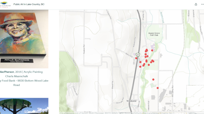 A screenshot of a GIS Map that indicates where in Lake Country community art can be viewed.