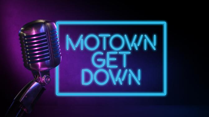 Blue Neon Sign for Motown Get Down besode an antique microphone