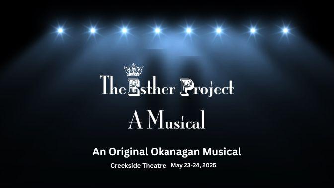 A dark stage lit dimly by blue stage lights with the show's title, the Esther Project A Musical in white type centered on the background image