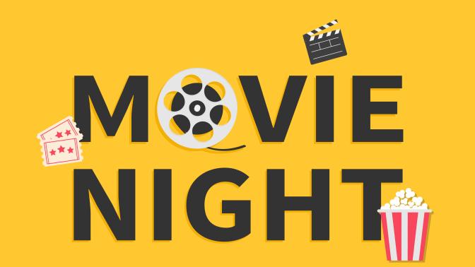 movie night sign with a popcorn bucket, film reel and tickets on a yellow background