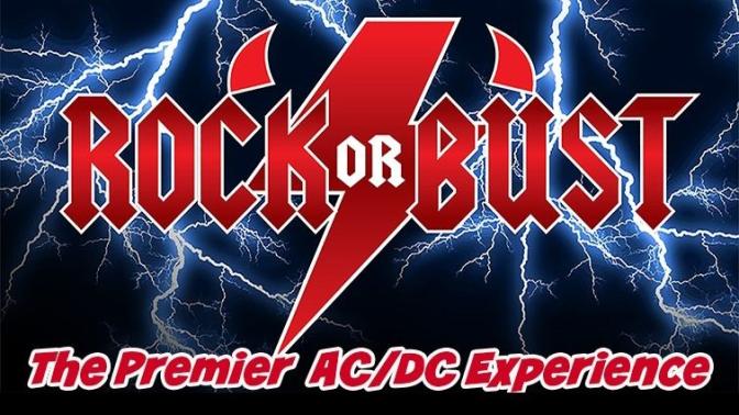 red type with band name Rock or Bust including a lightning bolt in the background