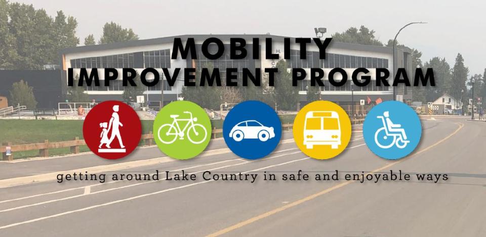 Banner for the Mobility Improvement Program promoting safe and enjoyable transportation methods in Lake Country, featuring icons for walking, cycling, driving, buses, and wheelchair accessibility.