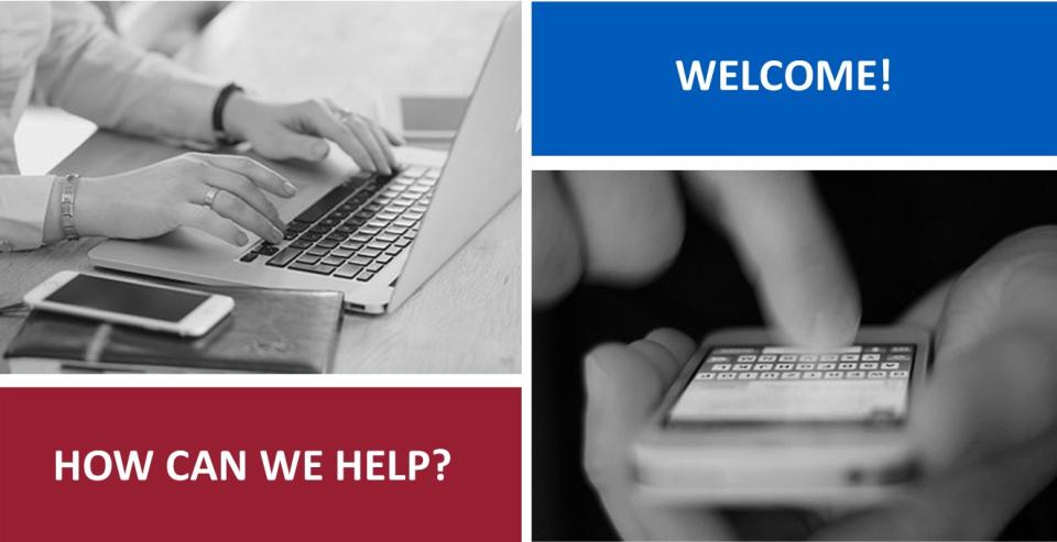 Collage with a person typing on a laptop, a hand typing on a smartphone, "WELCOME!" in blue, and "HOW CAN WE HELP?" in red, promoting customer support.