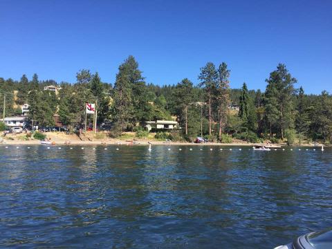 Lakeside view of a beach with people, houses, and trees under a clear blue sky.