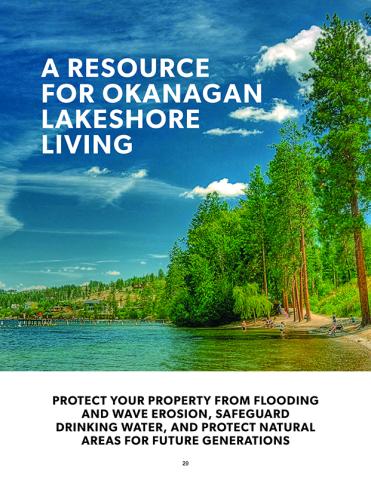 Scenic lakeshore view with trees and clear water, promoting a resource for Okanagan Lakeshore living, focusing on flood and erosion protection.