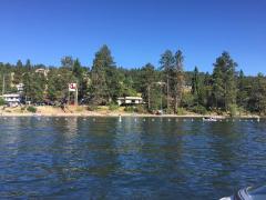 Lakeside view of a beach with people, houses, and trees under a clear blue sky.