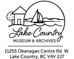 Lake Country Museum and Archives logo with a house, tree, and sailboat, located at 11255 Okanagan Centre Rd. W., Lake Country, BC V4V 2J7.