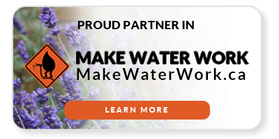 Proud Partner in Make Water Work campaign badge with the website MakeWaterWork.ca, set against a background of purple flowers.