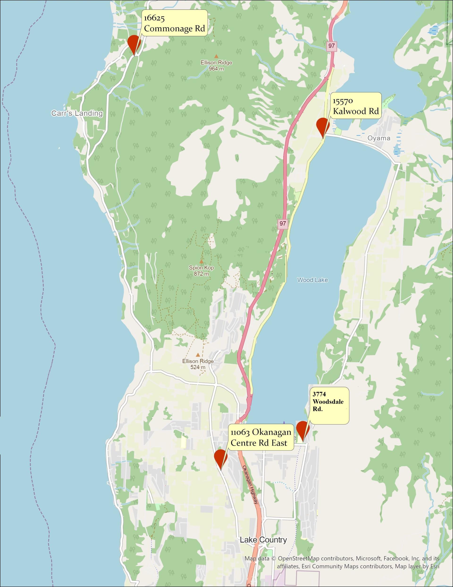 map of Lake Country showing four red dots as the location of green waste bins for community use