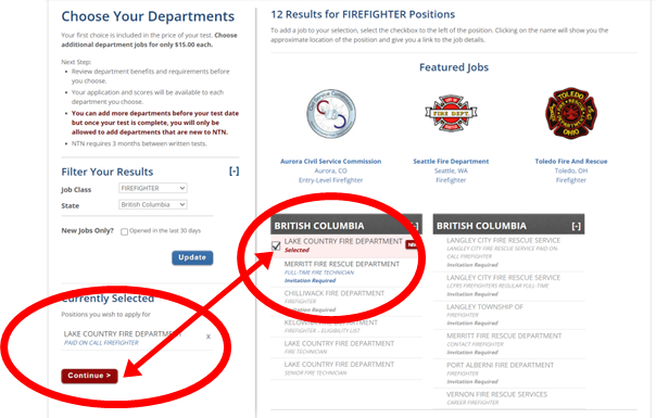 National Testing Network website with buttons highlighted to select Lake Country and continue with testing process for applications