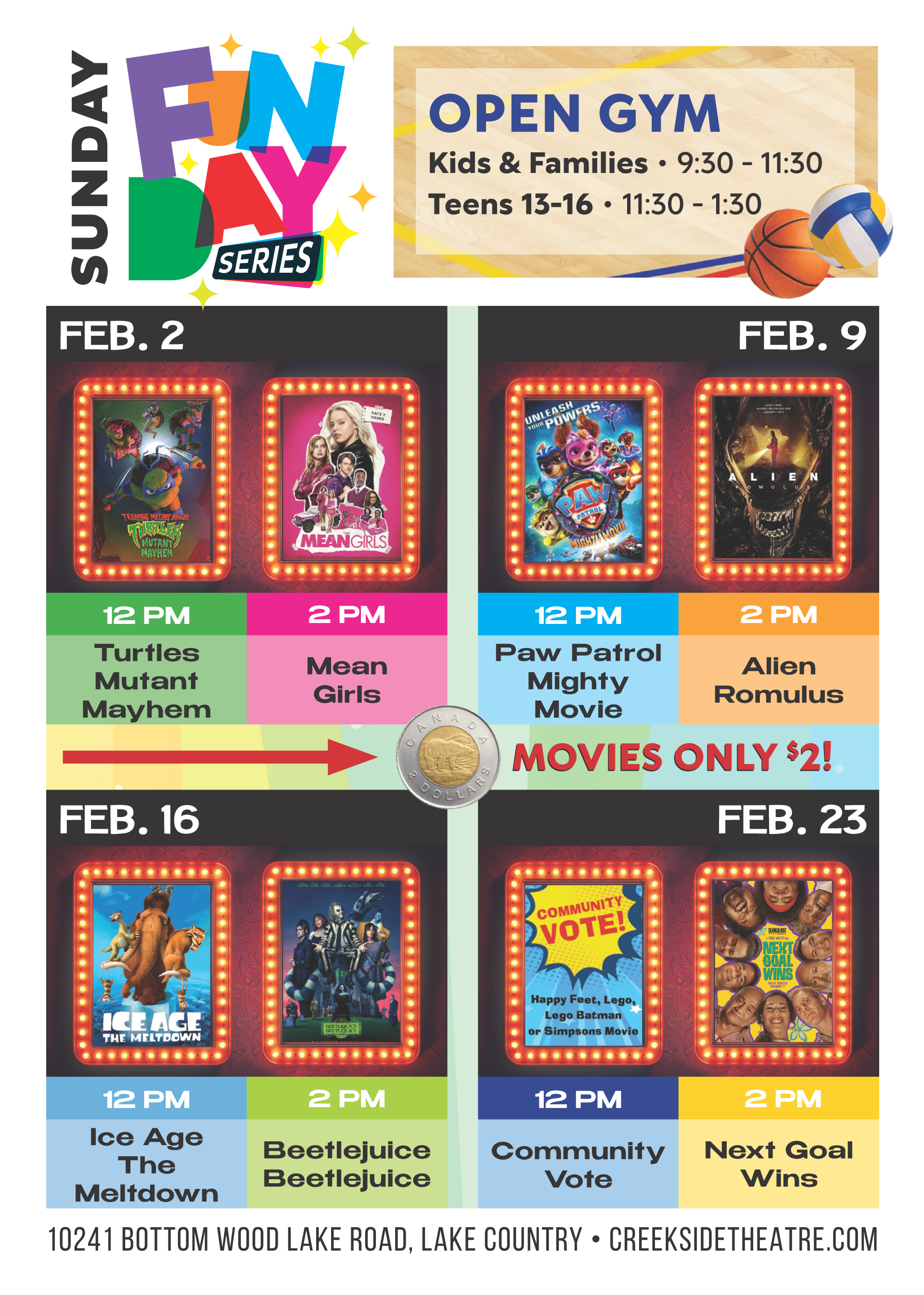 poster showing movies for Sunday Fundays February 2025