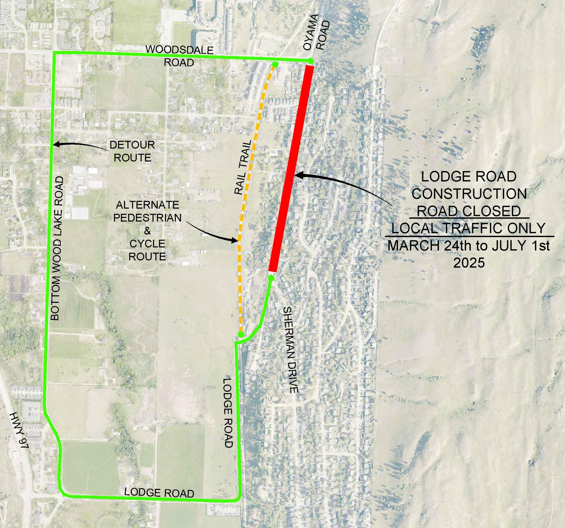 map of Lodge Road area showing road closure through construction zone Sherman Rd to Woodsdale Rd